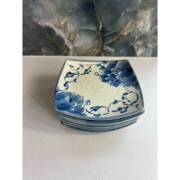 Asian Dessert Plate Set of 6 5.5" Square Blue Floral Pottery Ceramics - Picture 3 of 5